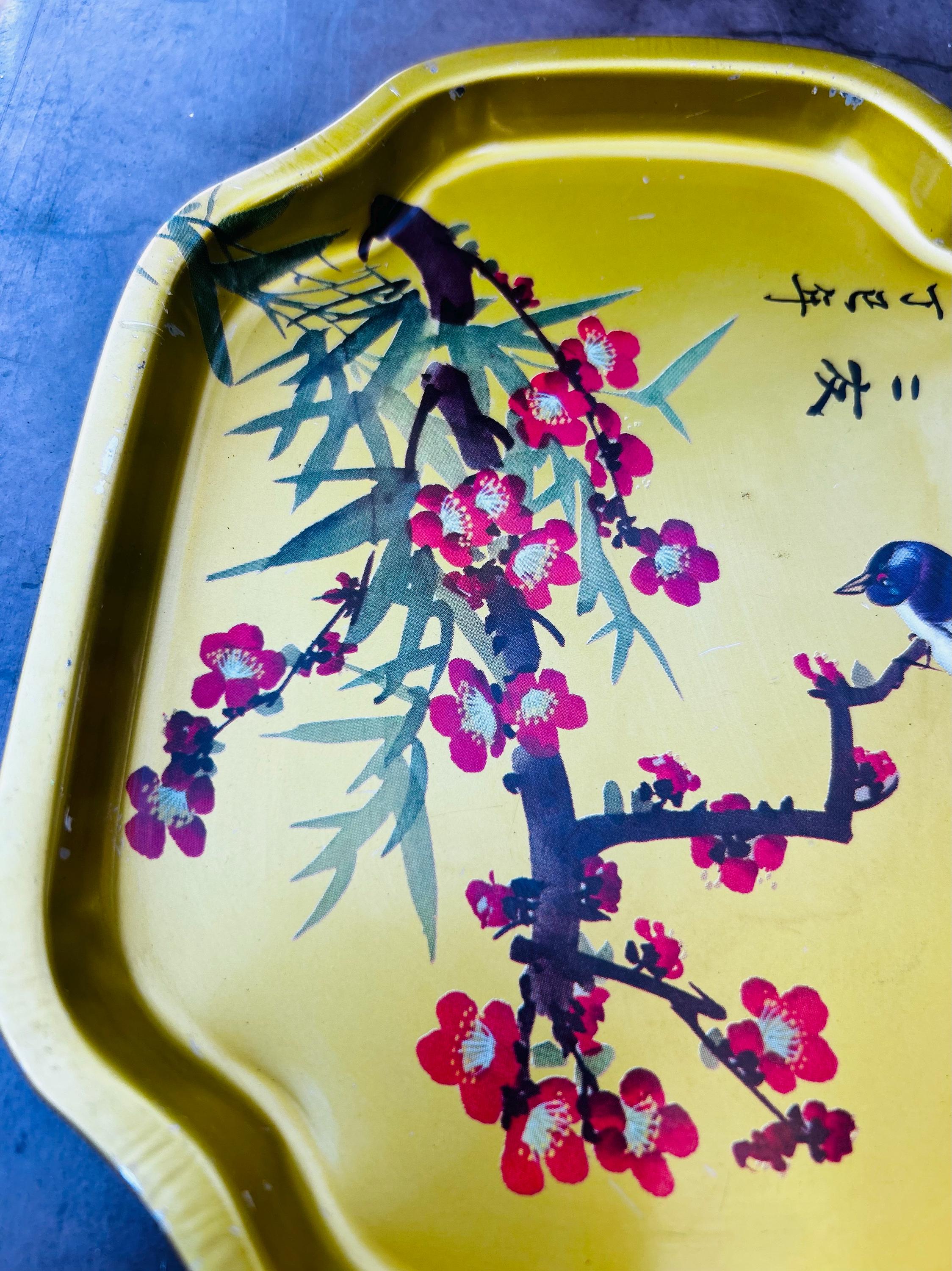 1960’s Oriental Tin Tray  Bird On A Branch Chinoiserie Asian Design