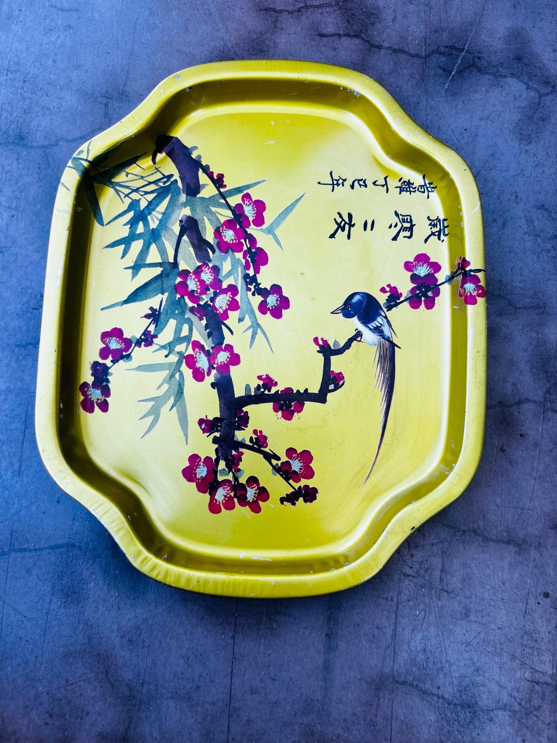 1960’s Oriental Tin Tray  Bird On A Branch Chinoiserie Asian Design