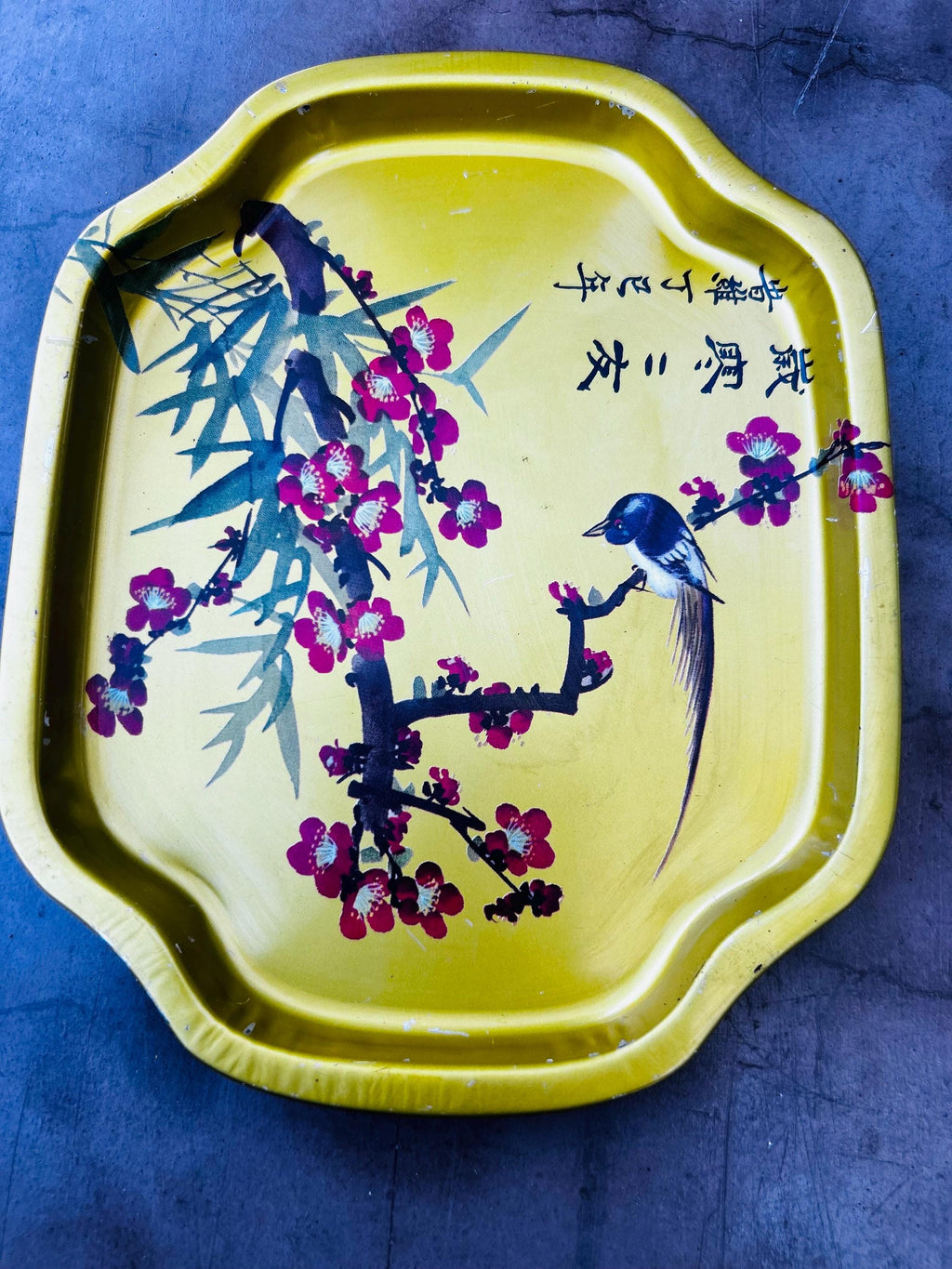 1960’s Oriental Tin Tray  Bird On A Branch Chinoiserie Asian Design
