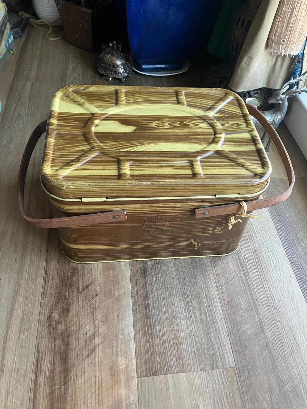 1950s Tin Picnic Basket: Faux Wood Grain, National Can Corp