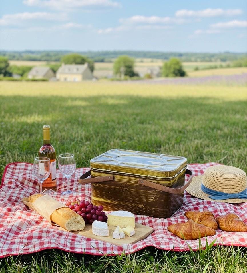 1950s Tin Picnic Basket: Faux Wood Grain, National Can Corp