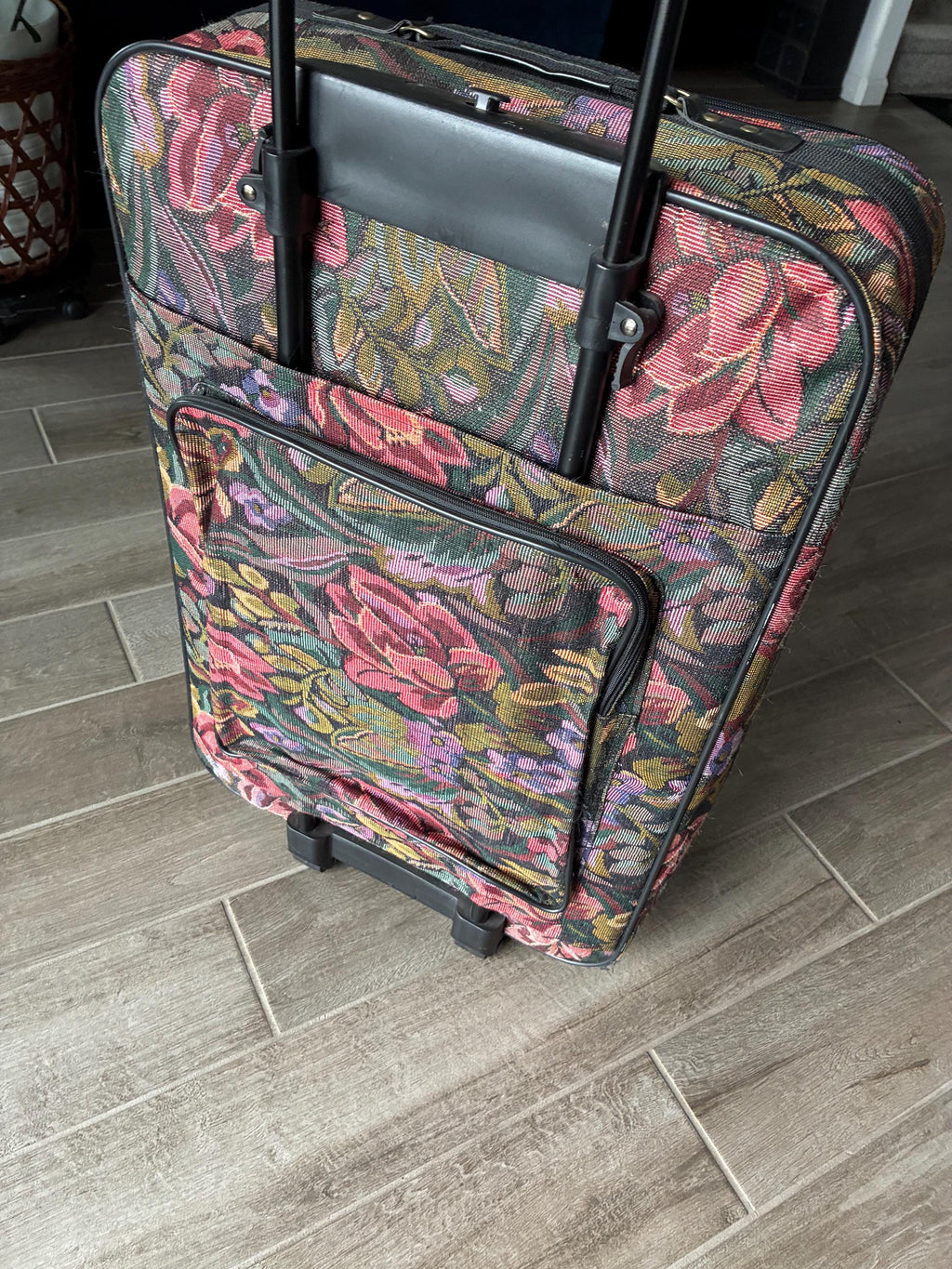 1980’s Sharmin Floral Pattern Tapestry Rolling Suitcase, XL Luggage, Travel Bag, Retro Decor, Flowers, Canvas Cotton