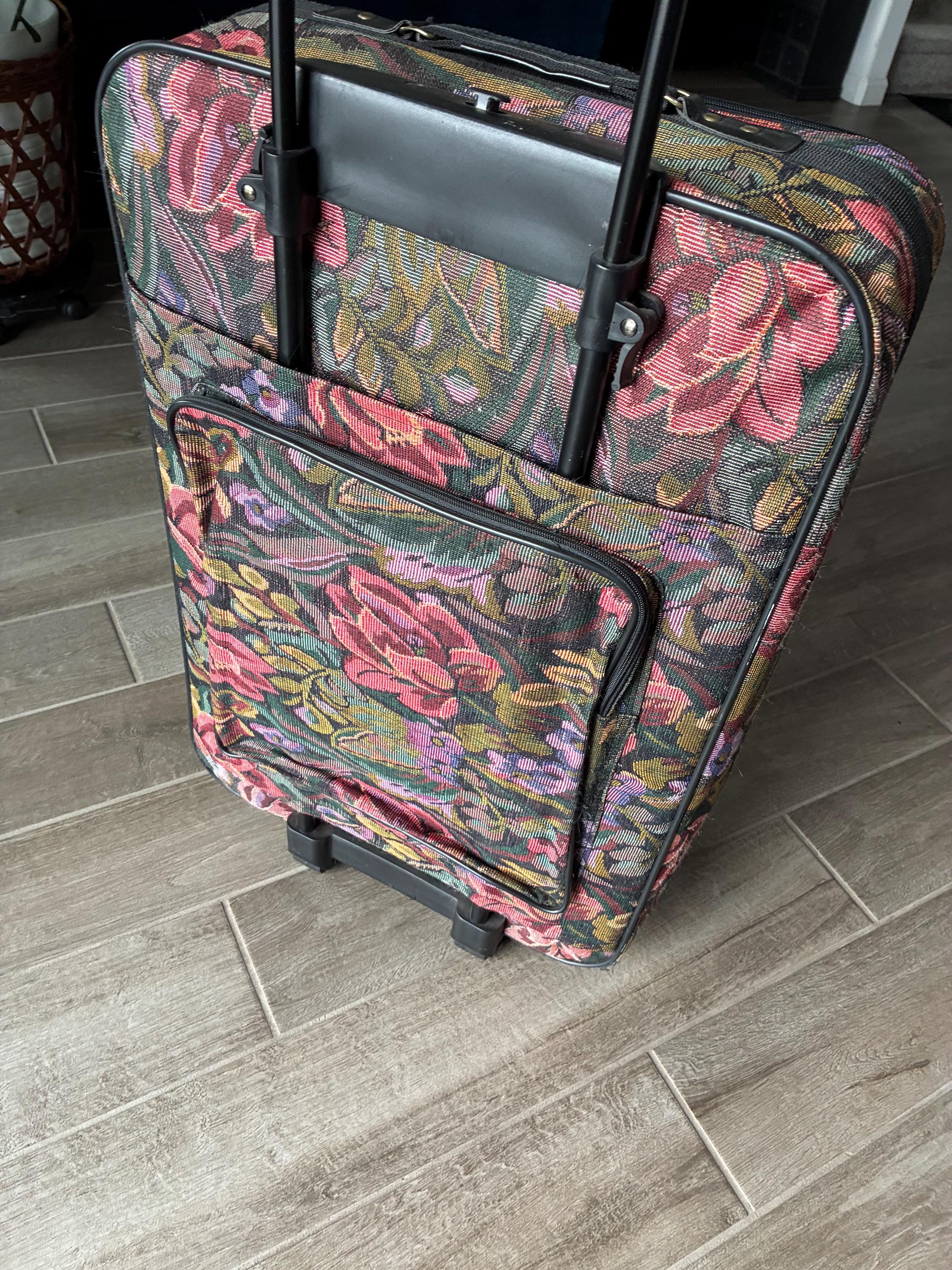 1980’s Sharmin Floral Pattern Tapestry Rolling Suitcase, XL Luggage, Travel Bag, Retro Decor, Flowers, Canvas Cotton
