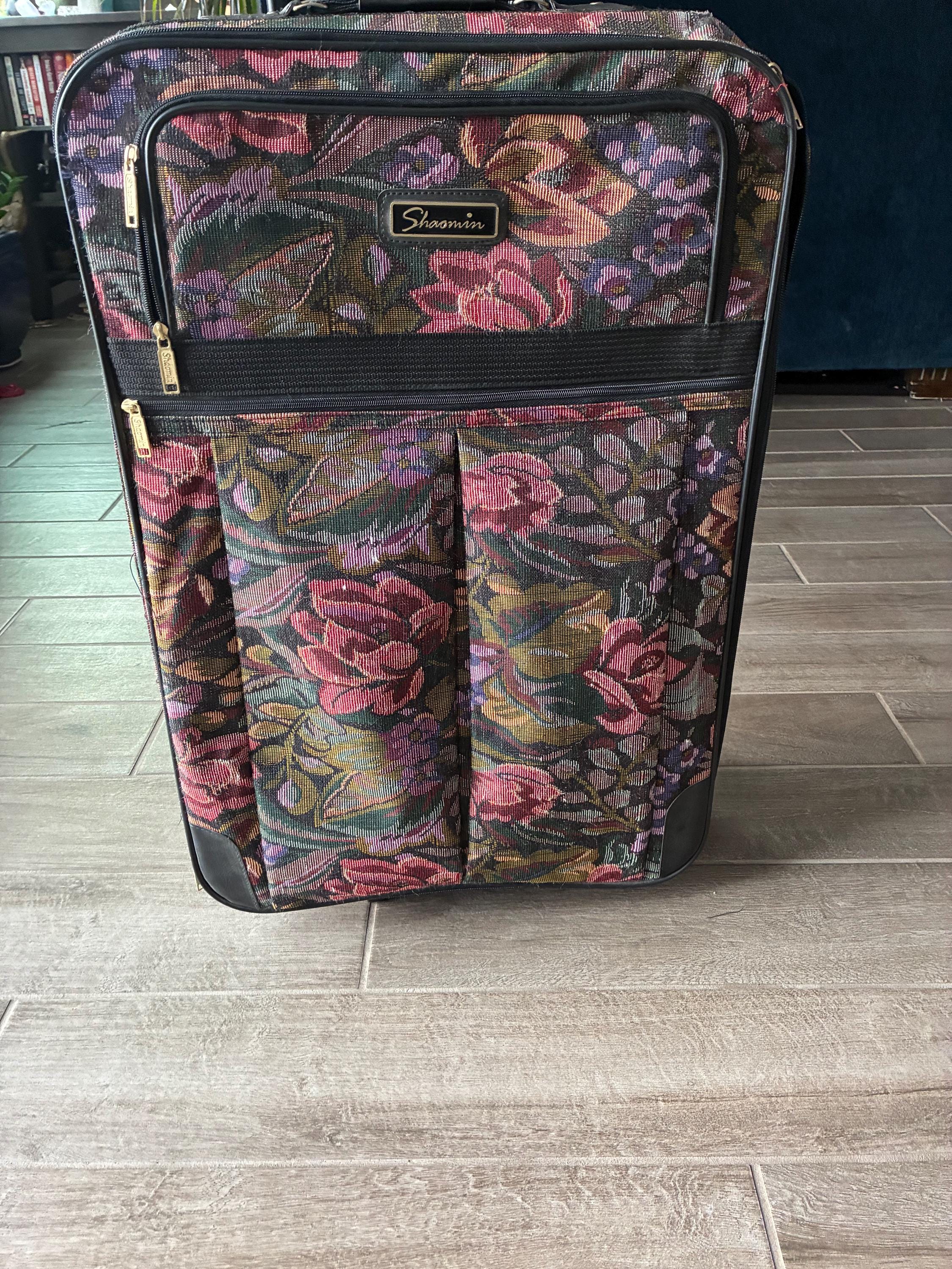 1980’s Sharmin Floral Pattern Tapestry Rolling Suitcase, XL Luggage, Travel Bag, Retro Decor, Flowers, Canvas Cotton