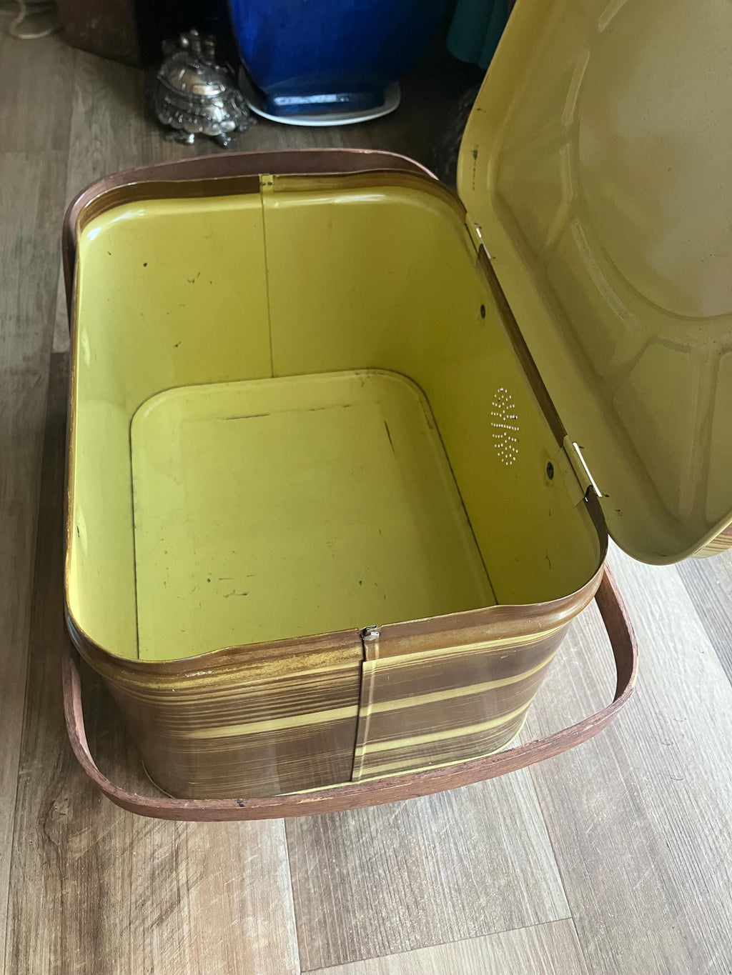 1950s Tin Picnic Basket: Faux Wood Grain, National Can Corp