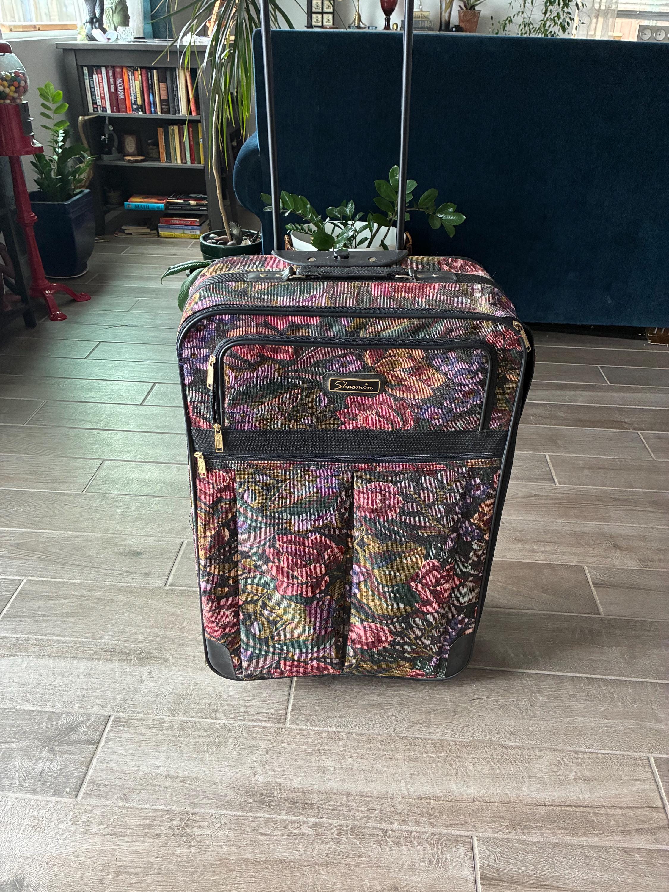 1980’s Sharmin Floral Pattern Tapestry Rolling Suitcase, XL Luggage, Travel Bag, Retro Decor, Flowers, Canvas Cotton