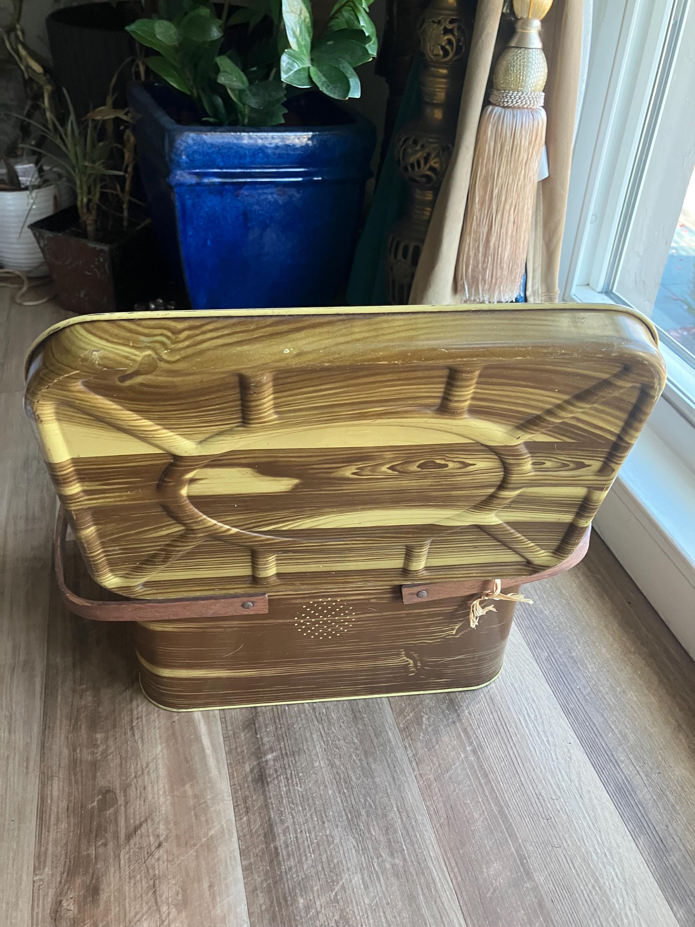 1950s Tin Picnic Basket: Faux Wood Grain, National Can Corp