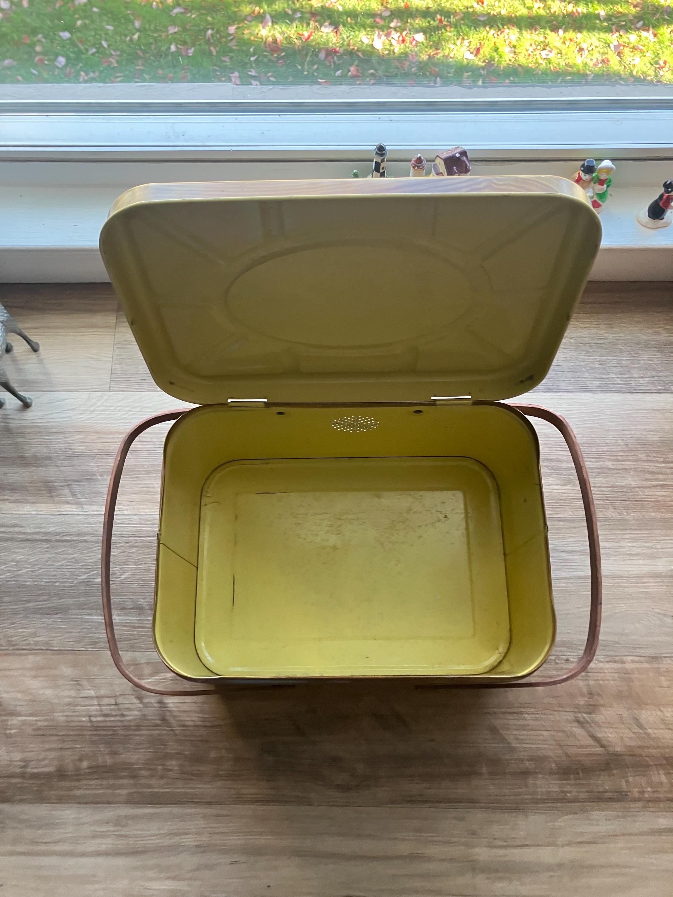 1950s Tin Picnic Basket: Faux Wood Grain, National Can Corp