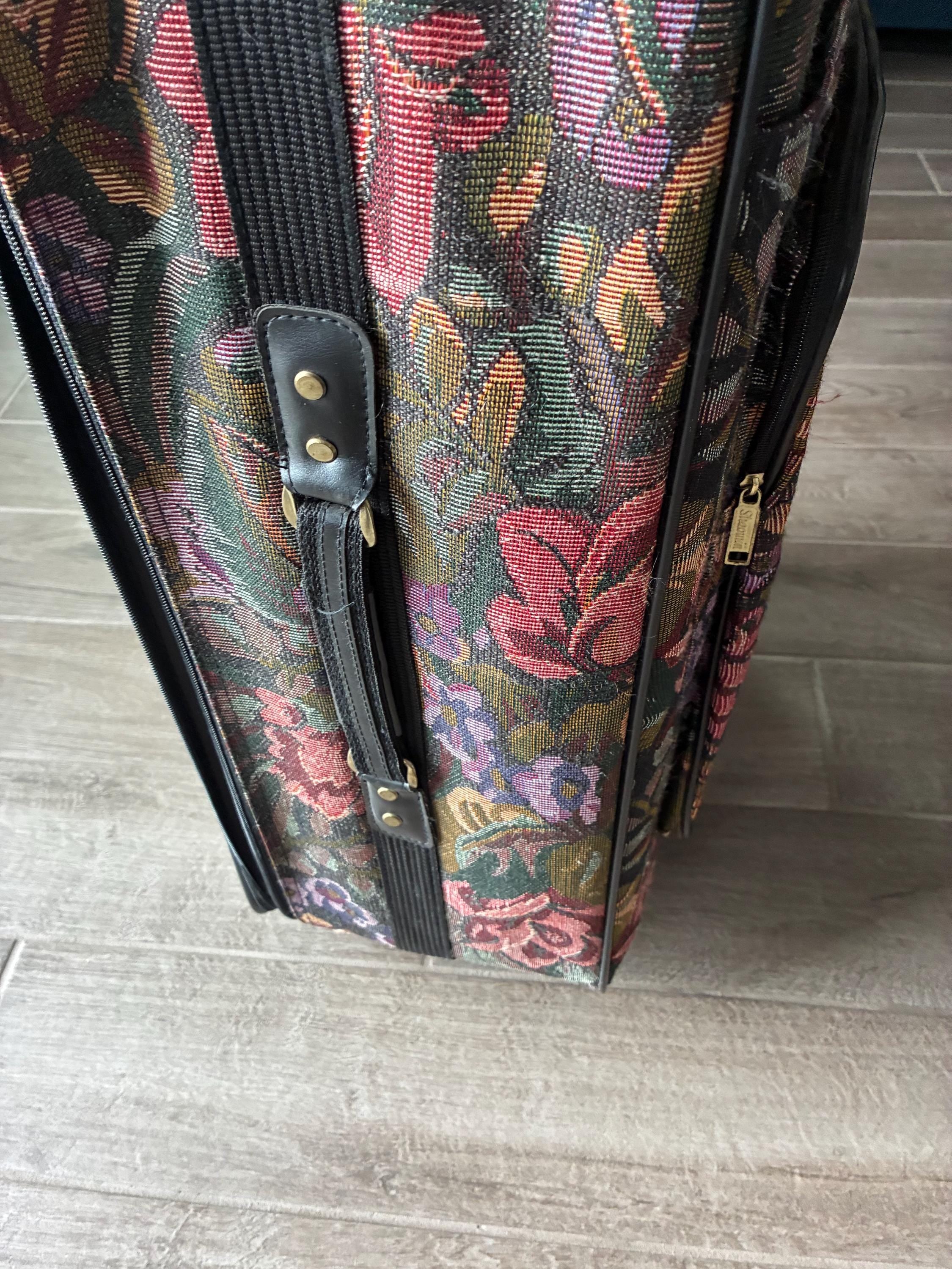 1980’s Sharmin Floral Pattern Tapestry Rolling Suitcase, XL Luggage, Travel Bag, Retro Decor, Flowers, Canvas Cotton