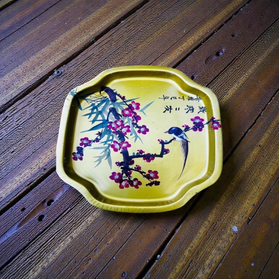 1960’s Oriental Tin Tray  Bird On A Branch Chinoiserie Asian Design