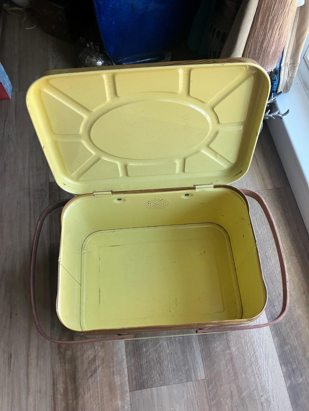 1950s Tin Picnic Basket: Faux Wood Grain, National Can Corp
