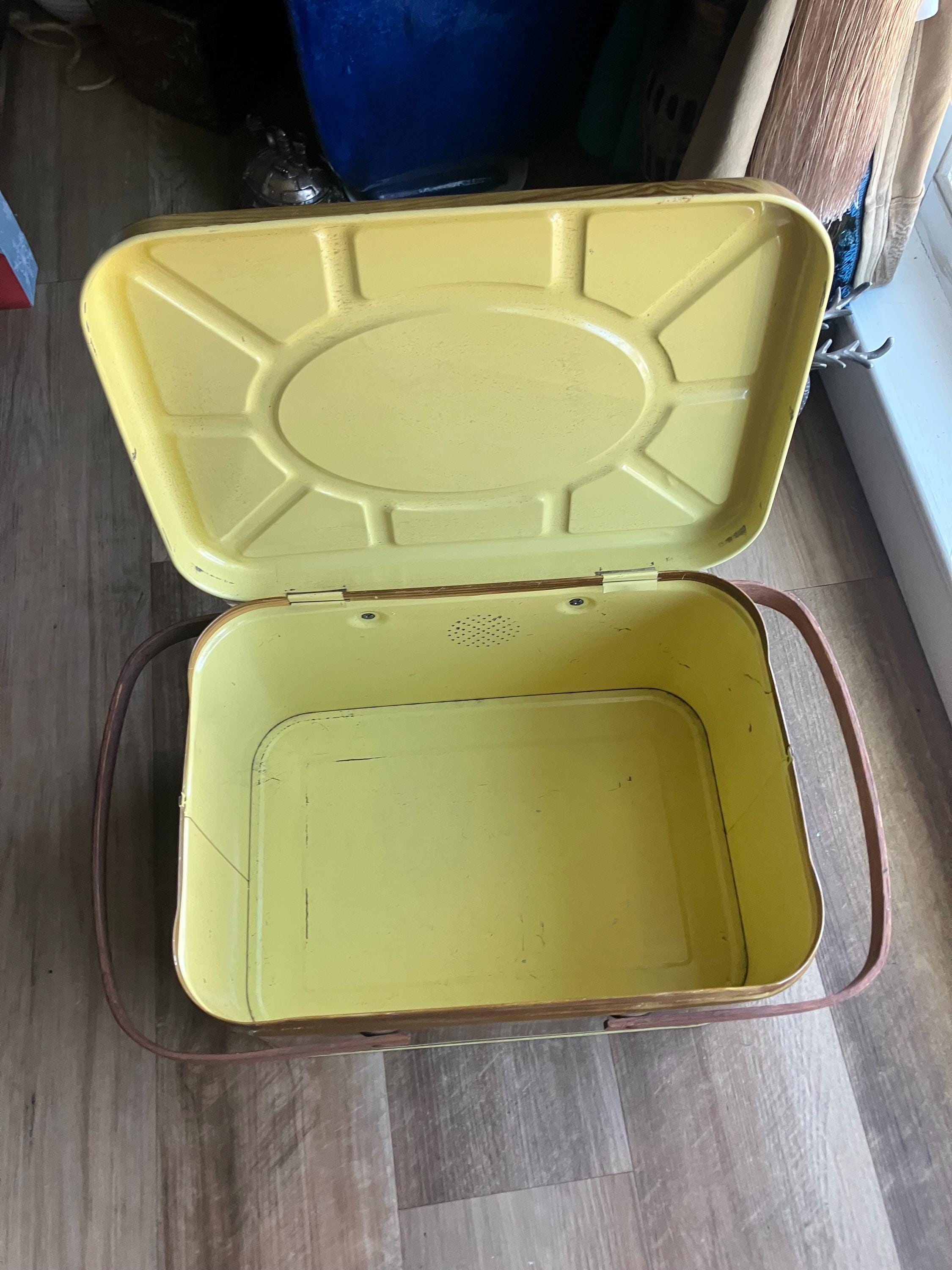 1950s Tin Picnic Basket: Faux Wood Grain, National Can Corp