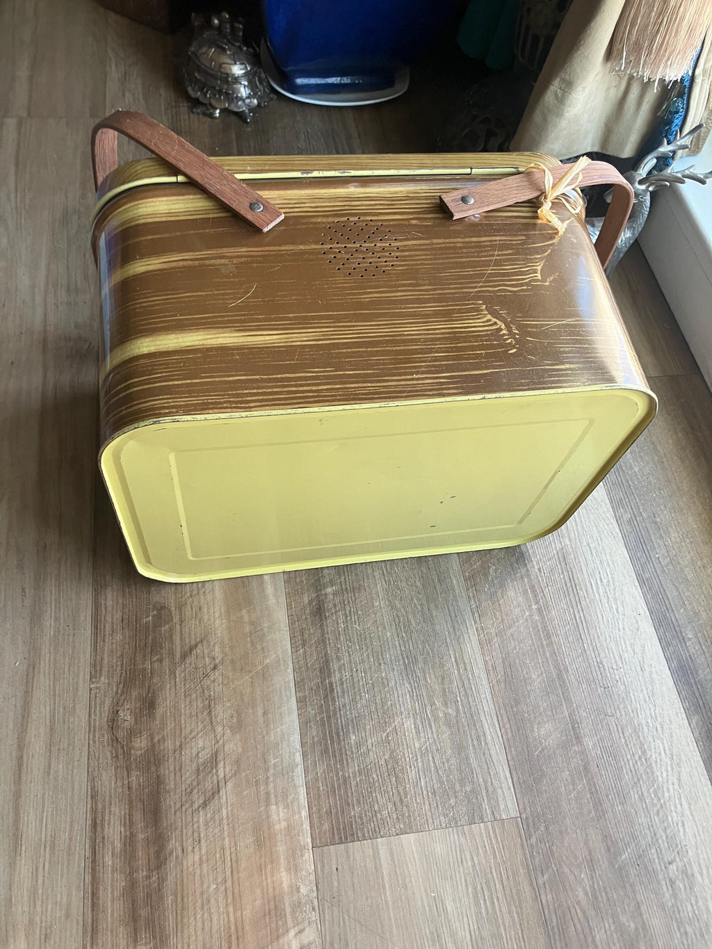 1950s Tin Picnic Basket: Faux Wood Grain, National Can Corp