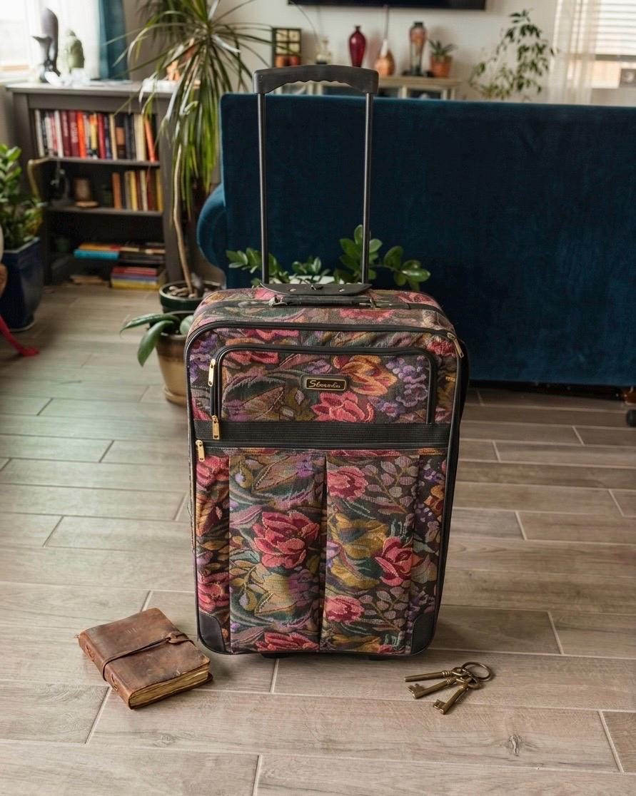 1980’s Sharmin Floral Pattern Tapestry Rolling Suitcase, XL Luggage, Travel Bag, Retro Decor, Flowers, Canvas Cotton