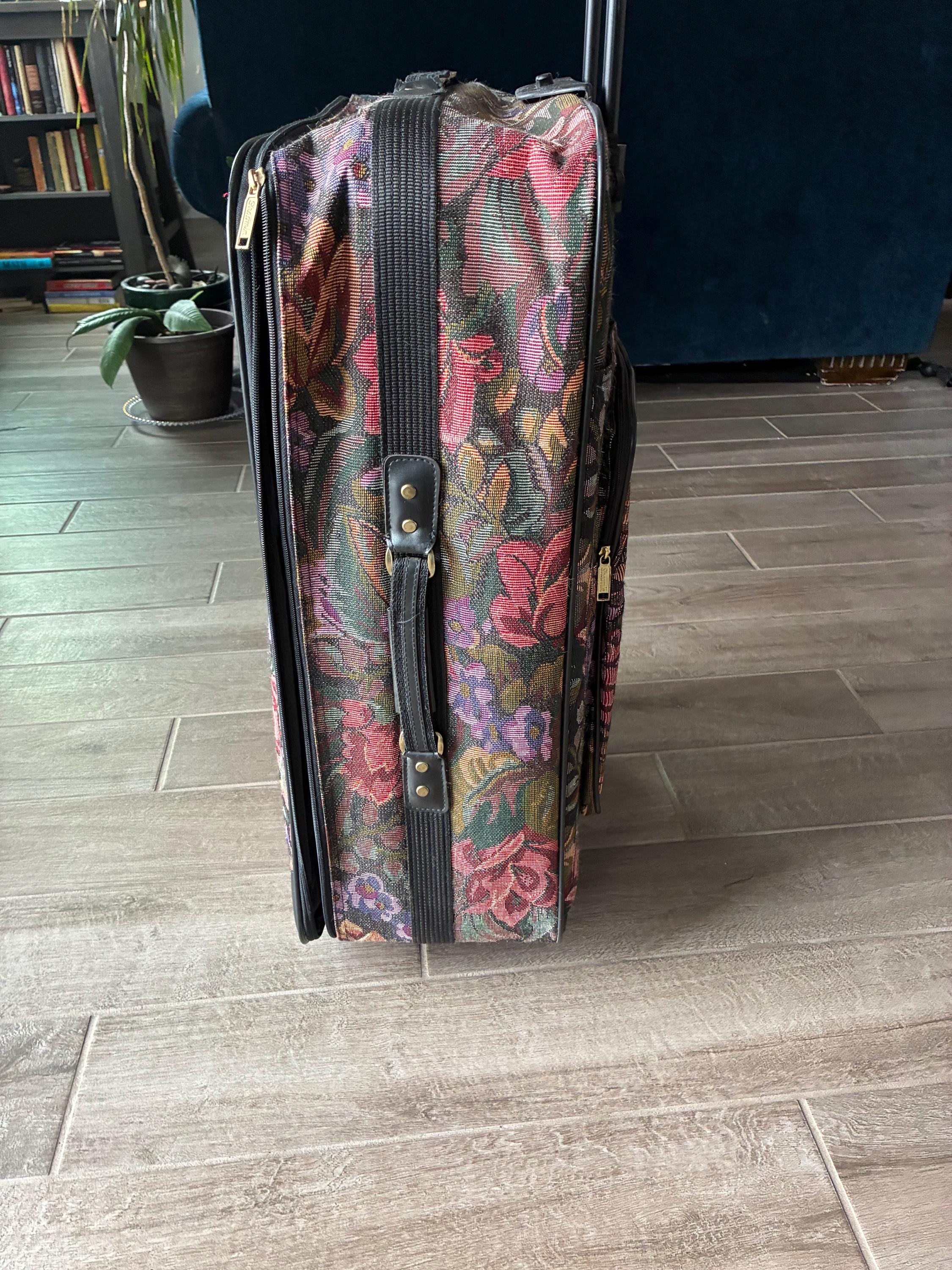 1980’s Sharmin Floral Pattern Tapestry Rolling Suitcase, XL Luggage, Travel Bag, Retro Decor, Flowers, Canvas Cotton