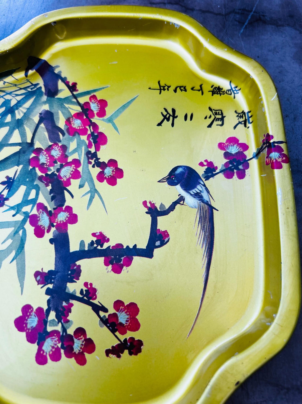 1960’s Oriental Tin Tray  Bird On A Branch Chinoiserie Asian Design