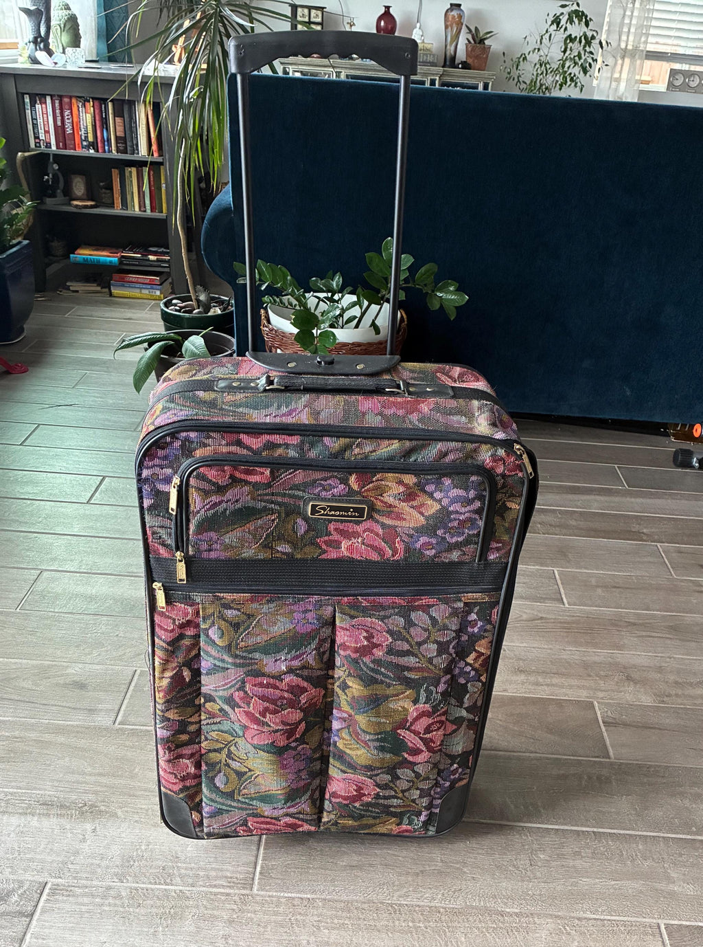 1980’s Sharmin Floral Pattern Tapestry Rolling Suitcase, XL Luggage, Travel Bag, Retro Decor, Flowers, Canvas Cotton