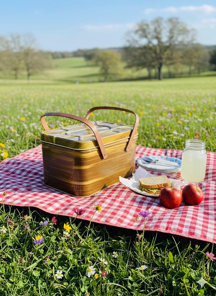 1950s Tin Picnic Basket: Faux Wood Grain, National Can Corp