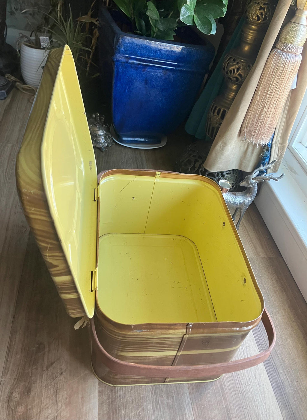 1950s Tin Picnic Basket: Faux Wood Grain, National Can Corp