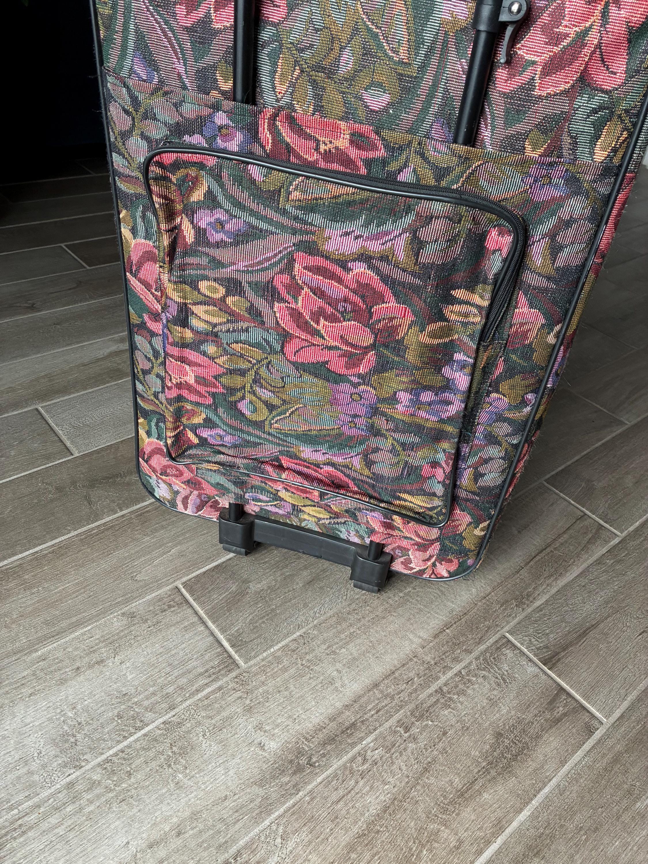 1980’s Sharmin Floral Pattern Tapestry Rolling Suitcase, XL Luggage, Travel Bag, Retro Decor, Flowers, Canvas Cotton